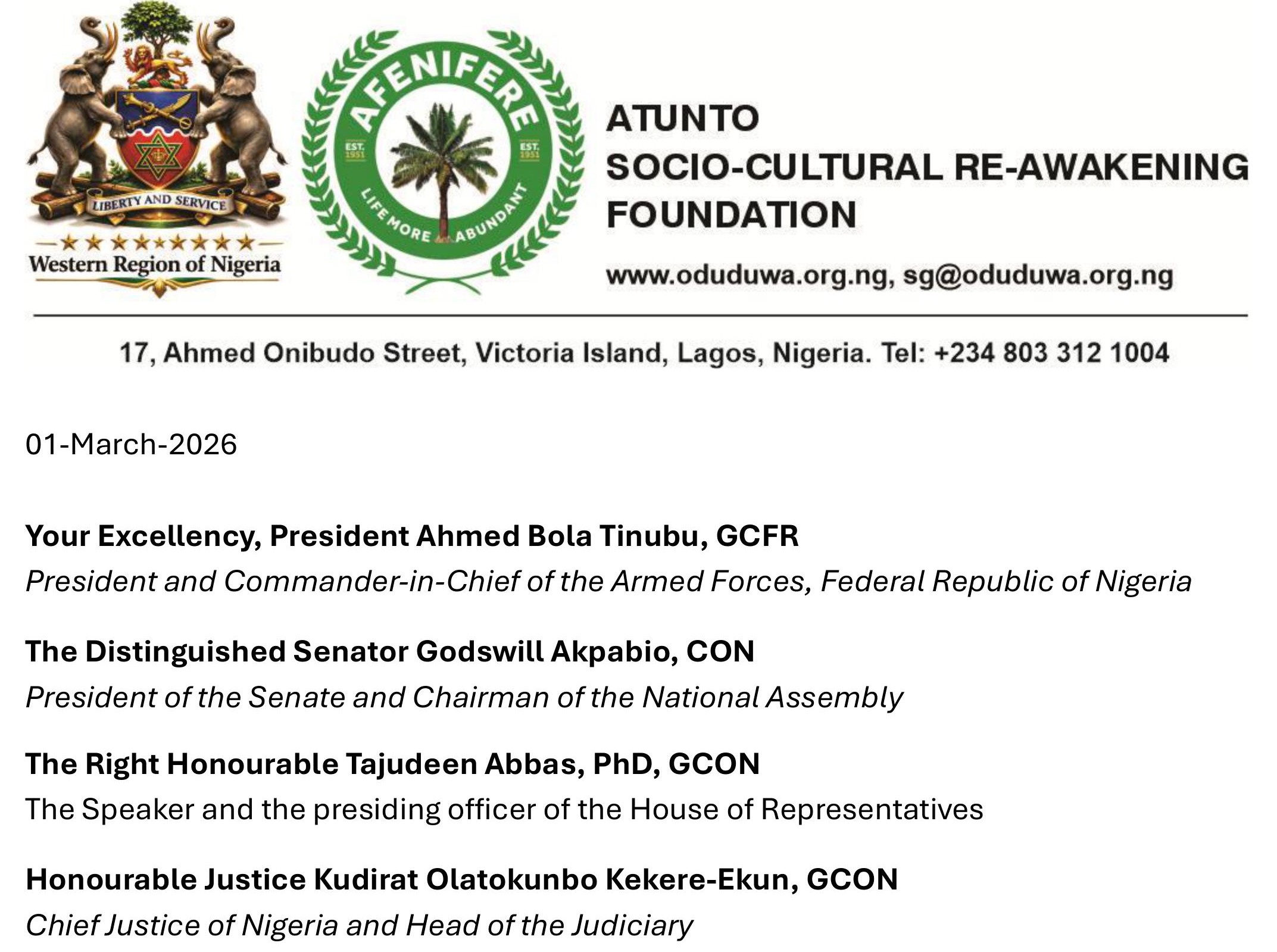 Afenifere Writes NASS, Demands Immediate Decentralisation of Nigeria